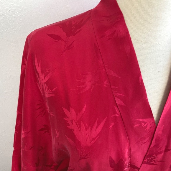 Hot Pink Chinese Peignoir Kimono Short Robe Large Bamboo Leaves Tie Belt Pockets - Picture 3 of 16